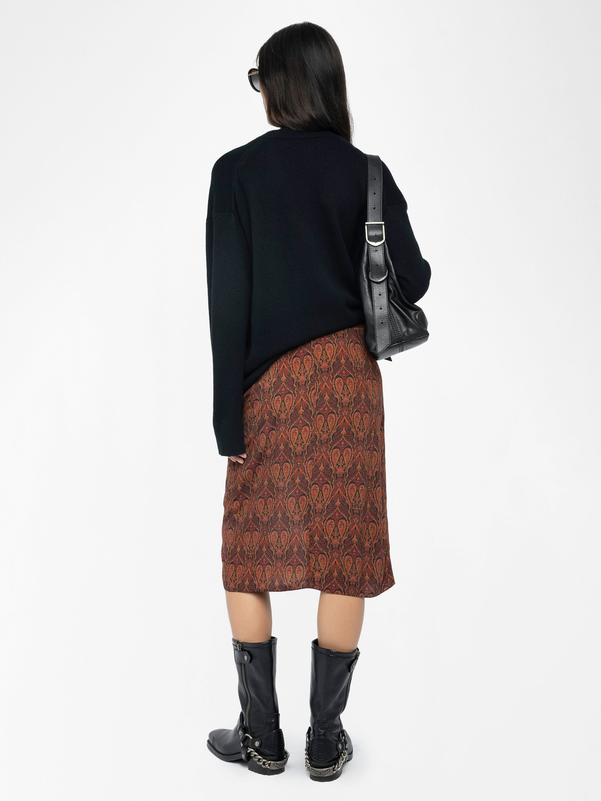 Julen Skirt - Mid-length printed viscose skirt, lingerie-inspired with lace and wrap cut.